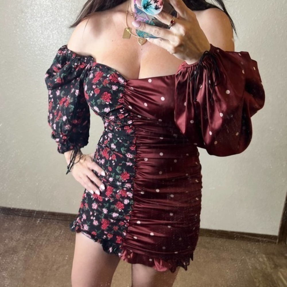 For Love & Lemons off the shoulder floral polka dot sateen mini dress XS